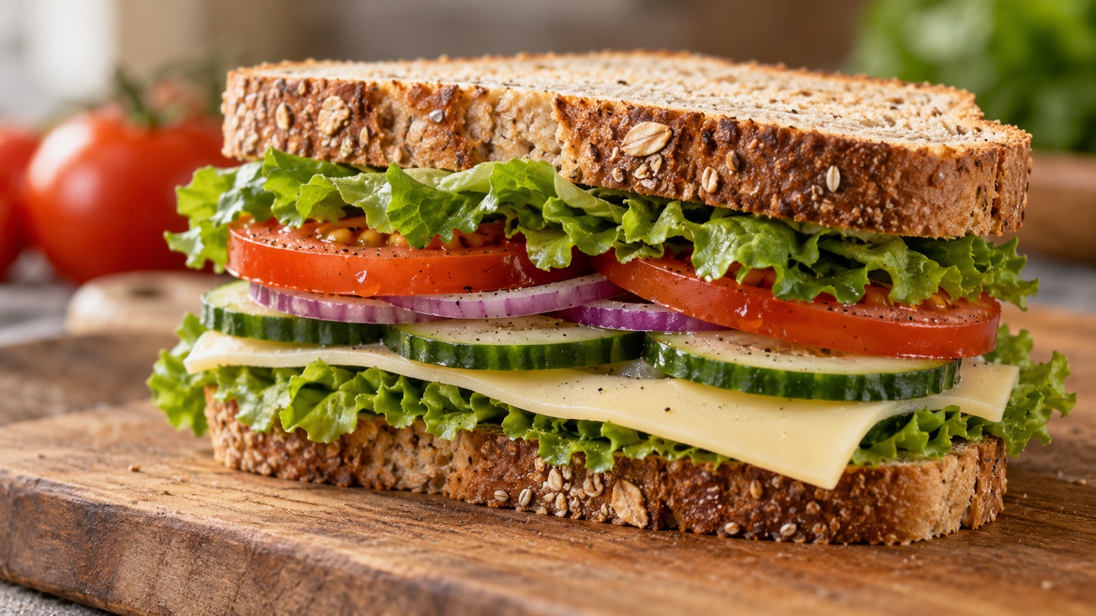 Layered sandwich cross-section showing vegetables cheese and bread clearly