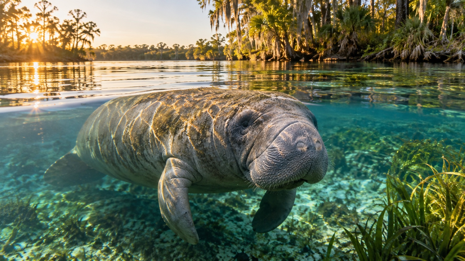 Manatee resting just beneath warm water surface near springs