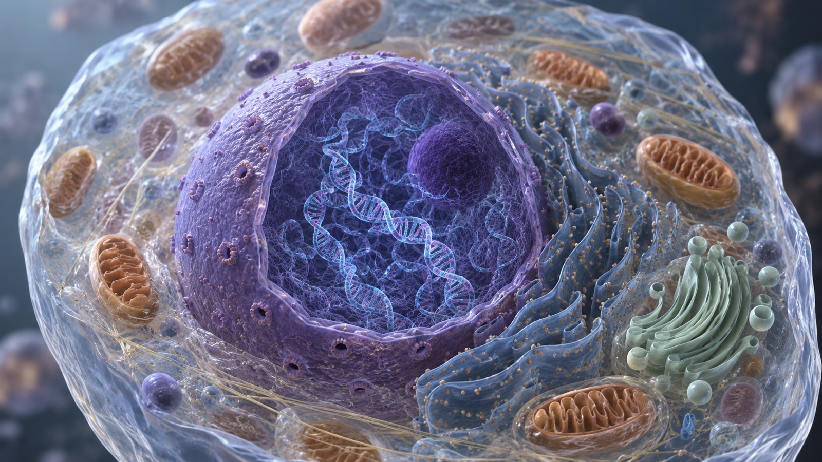 Medical rendering of cell nucleus and DNA inside one human cell