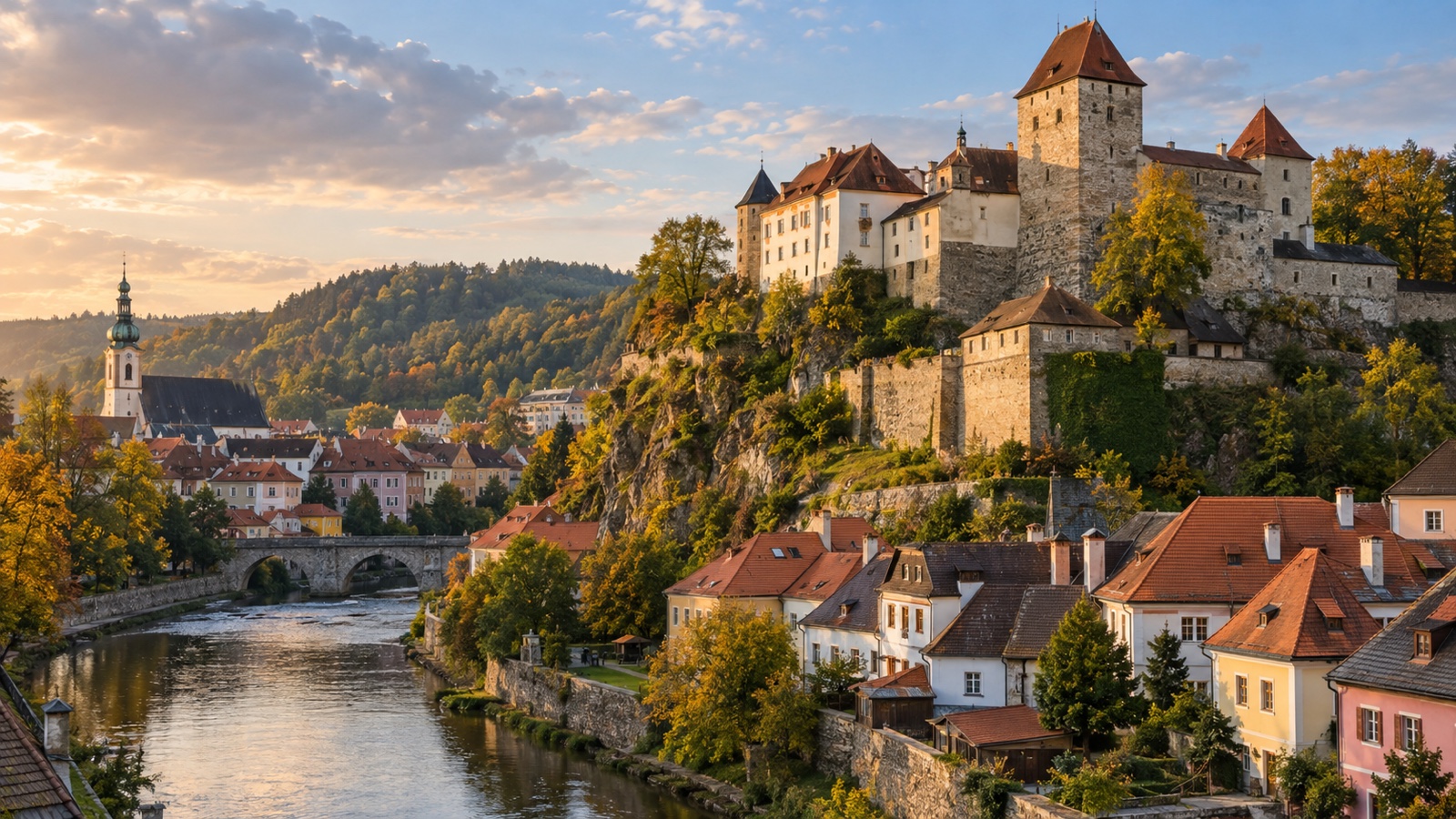 Medieval Czech castle above a quiet old town