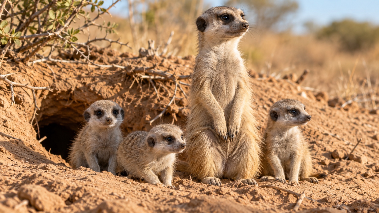 Meerkat family near the entrance of a sandy burrow