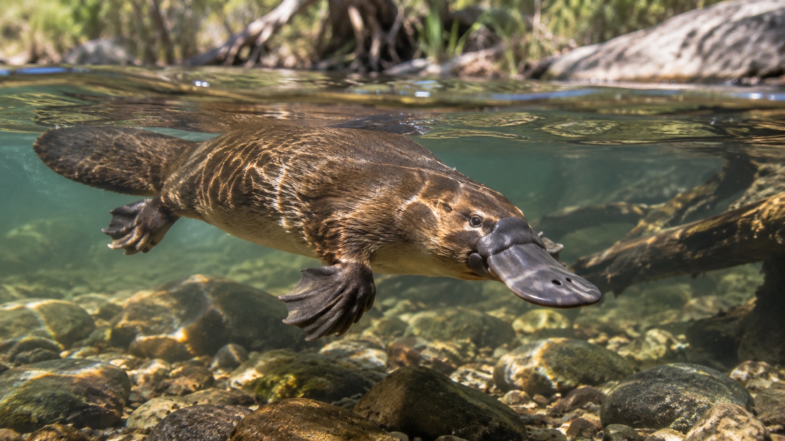 Platypus paddling with webbed front feet beneath water