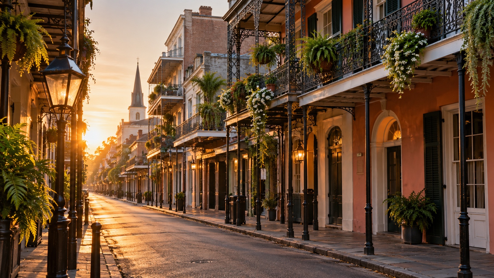 Quiet French Quarter New Orleans street with ornate iron balconies at sunrise