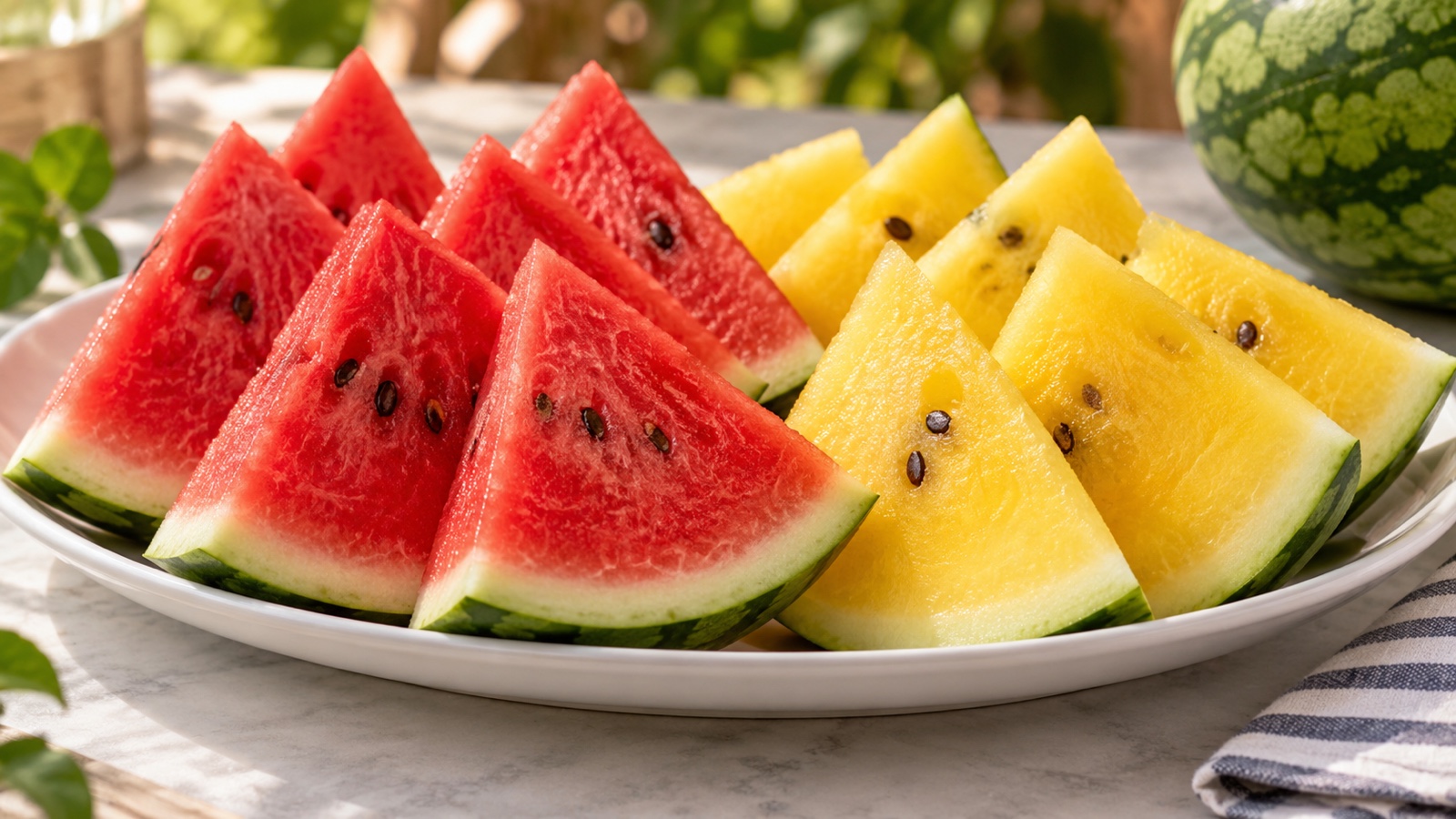 Red and yellow watermelon wedges side by side on white platter