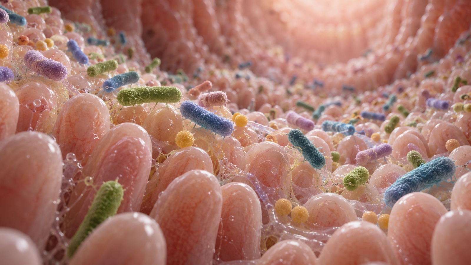 Scientific view of harmless gut bacteria inhabiting intestinal lining