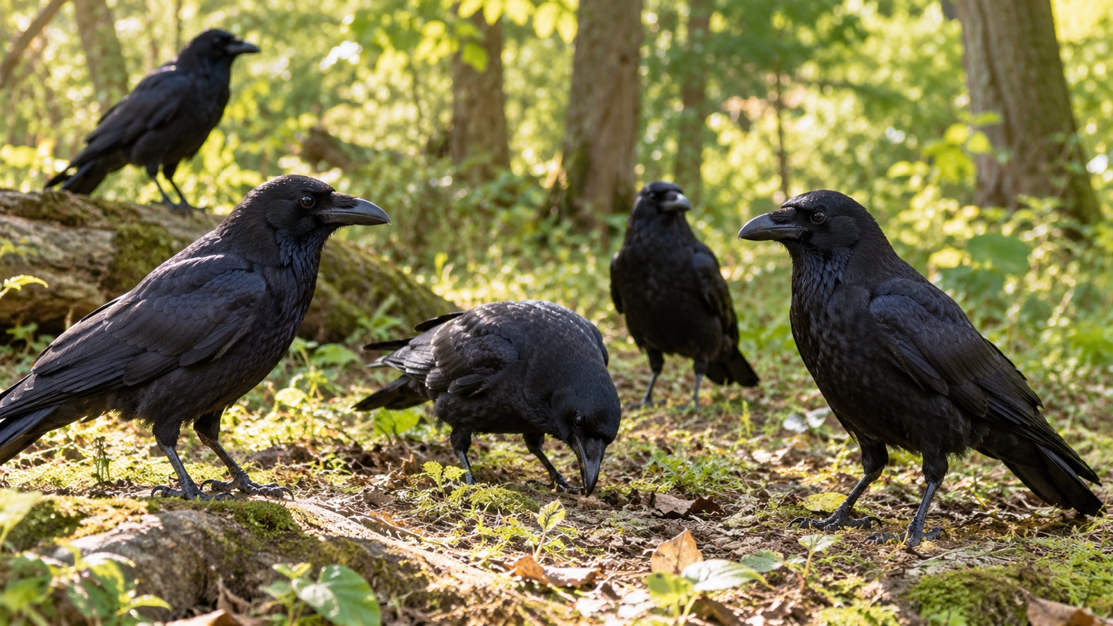 Several crows gathered in a leafy woodland clearing