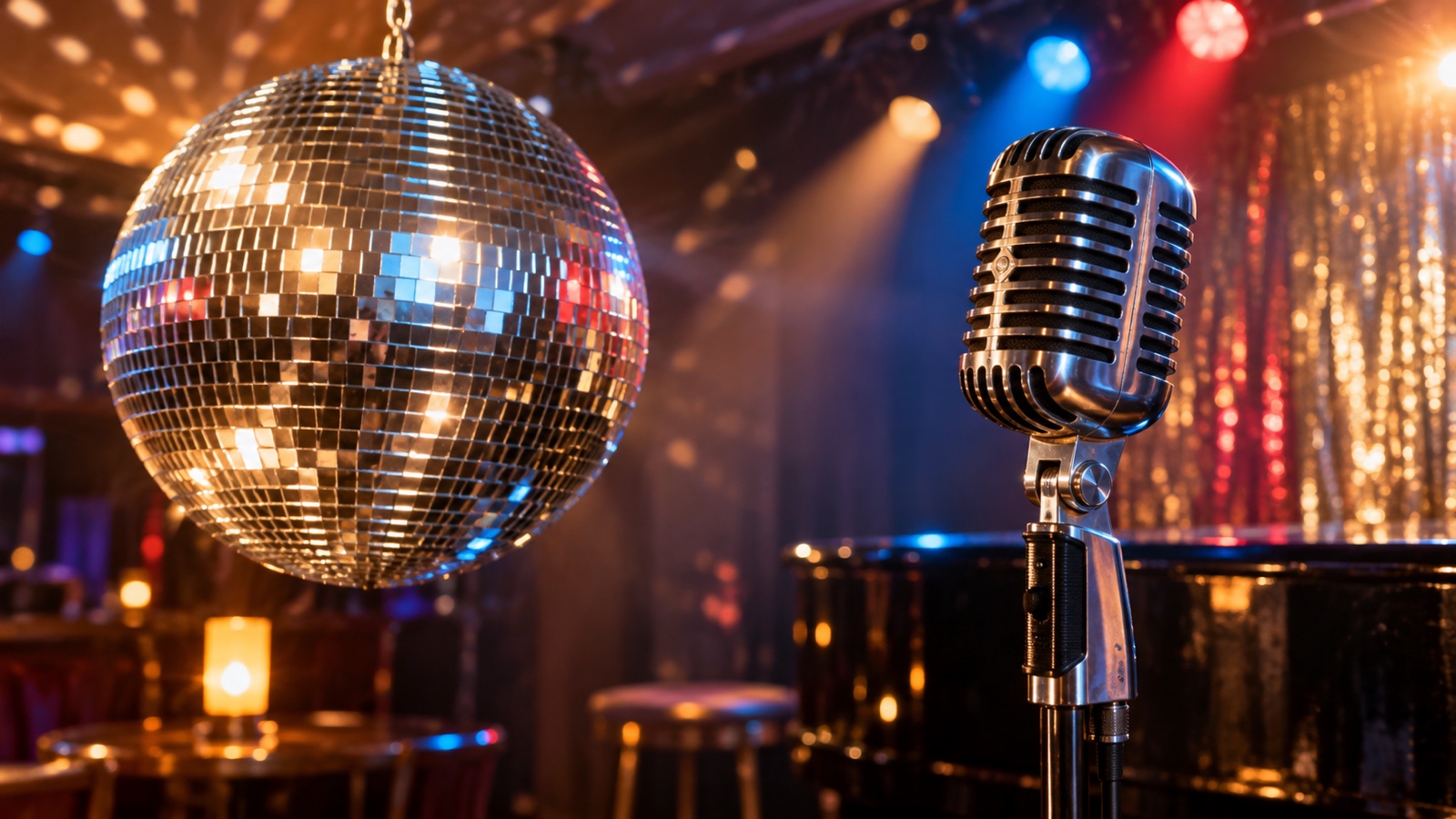 Silver disco ball and chrome microphone in colorful dance-club light