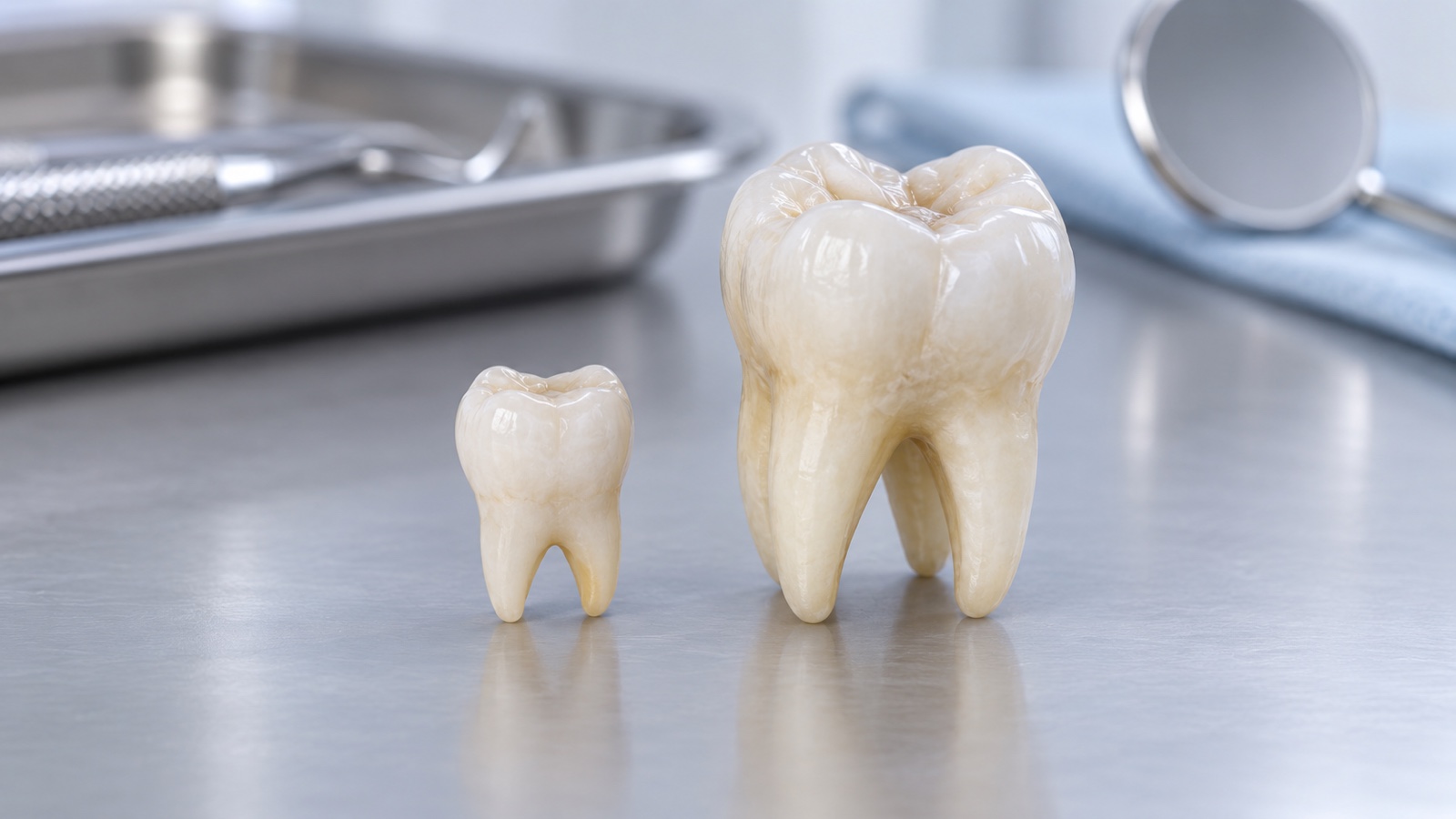 Small baby tooth beside a larger adult molar on a clean clinical surface