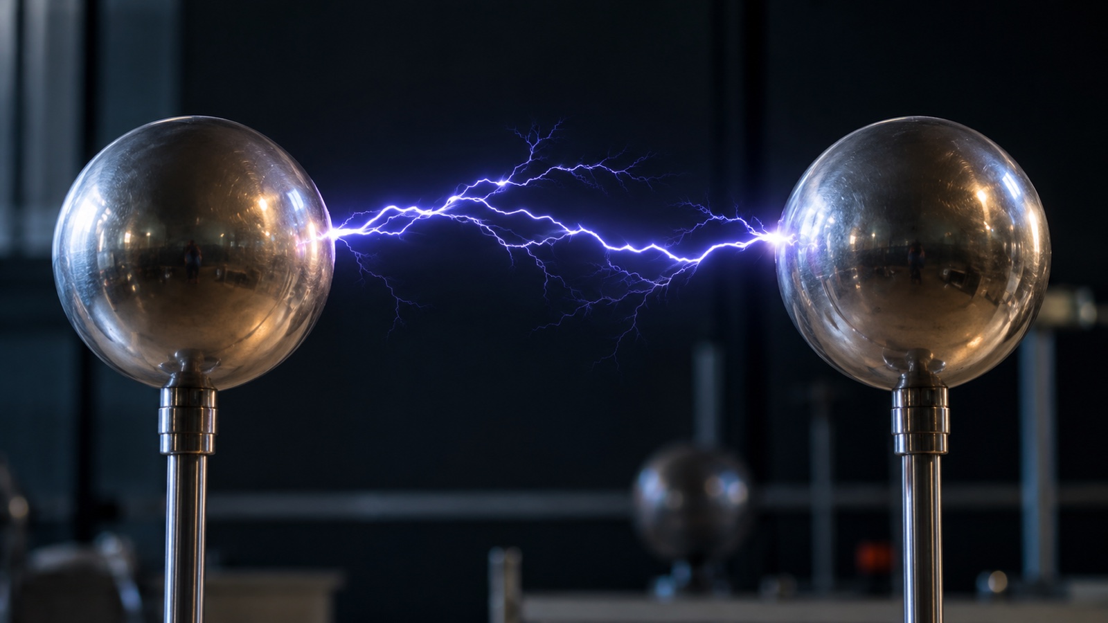 Static electricity sparks between two metal spheres in dark lab
