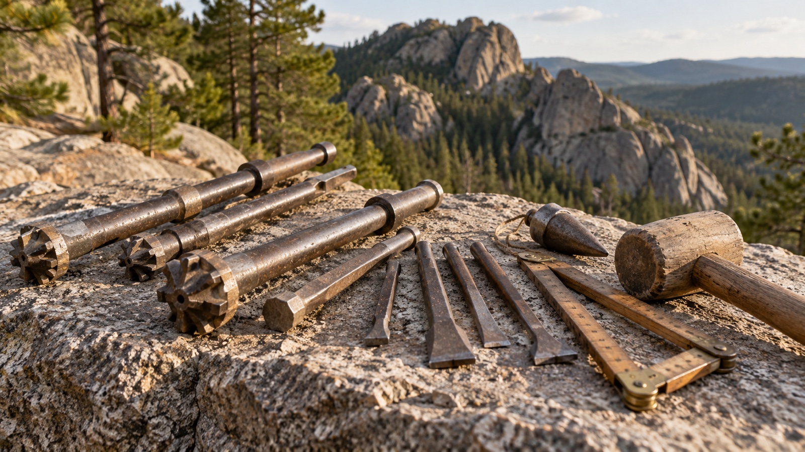 Historic stonecarving tools on a granite slab in the pine-covered Black Hills of South Dakota
