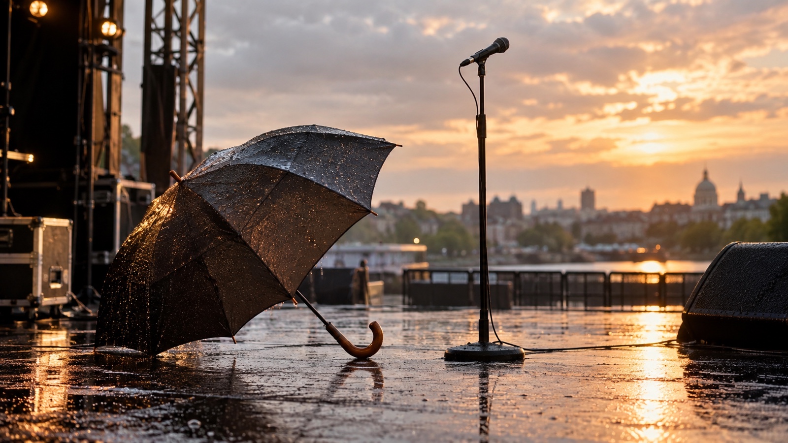 Umbrella resting beside a microphone on a rain-wet empty stage