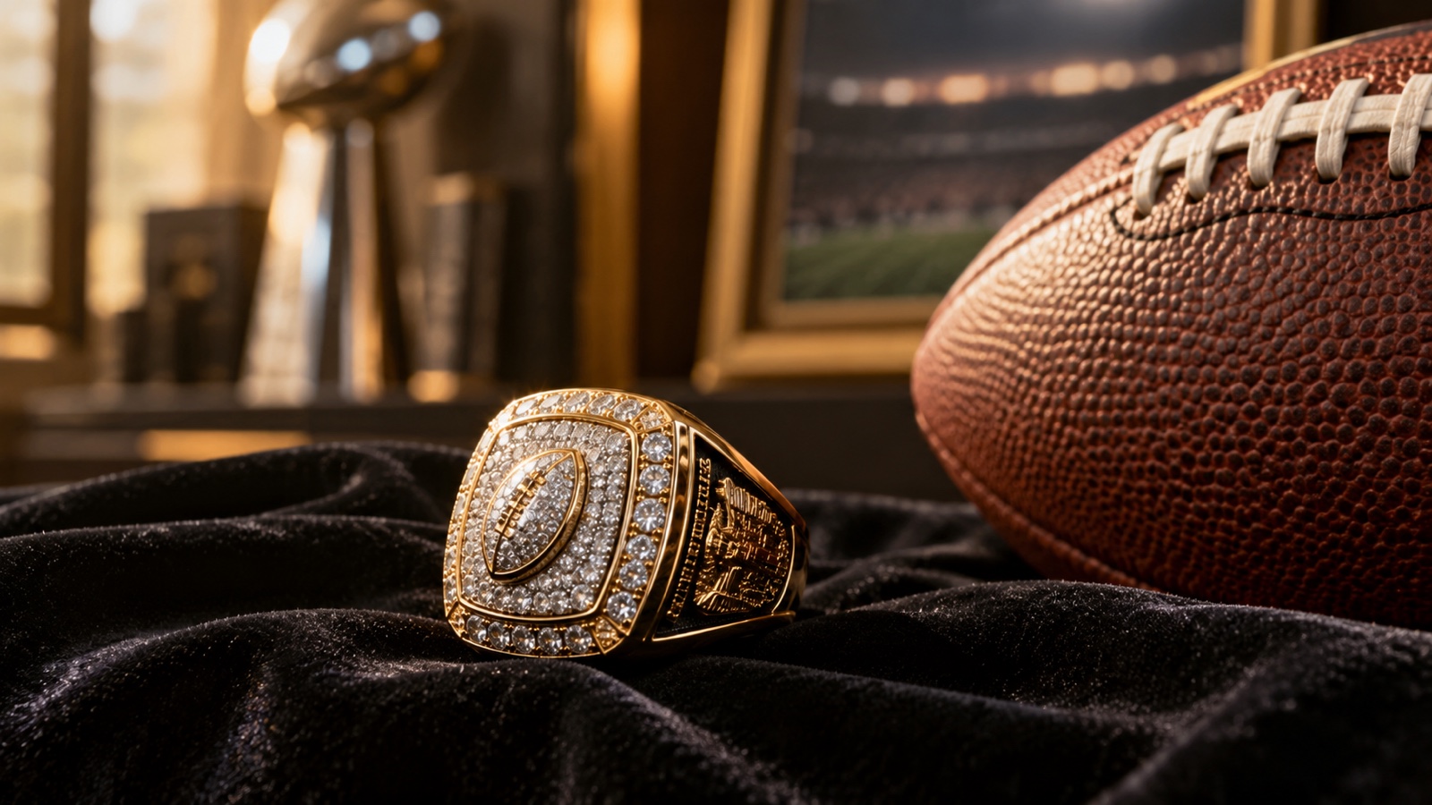 Unbranded championship football ring beside a football on dark velvet