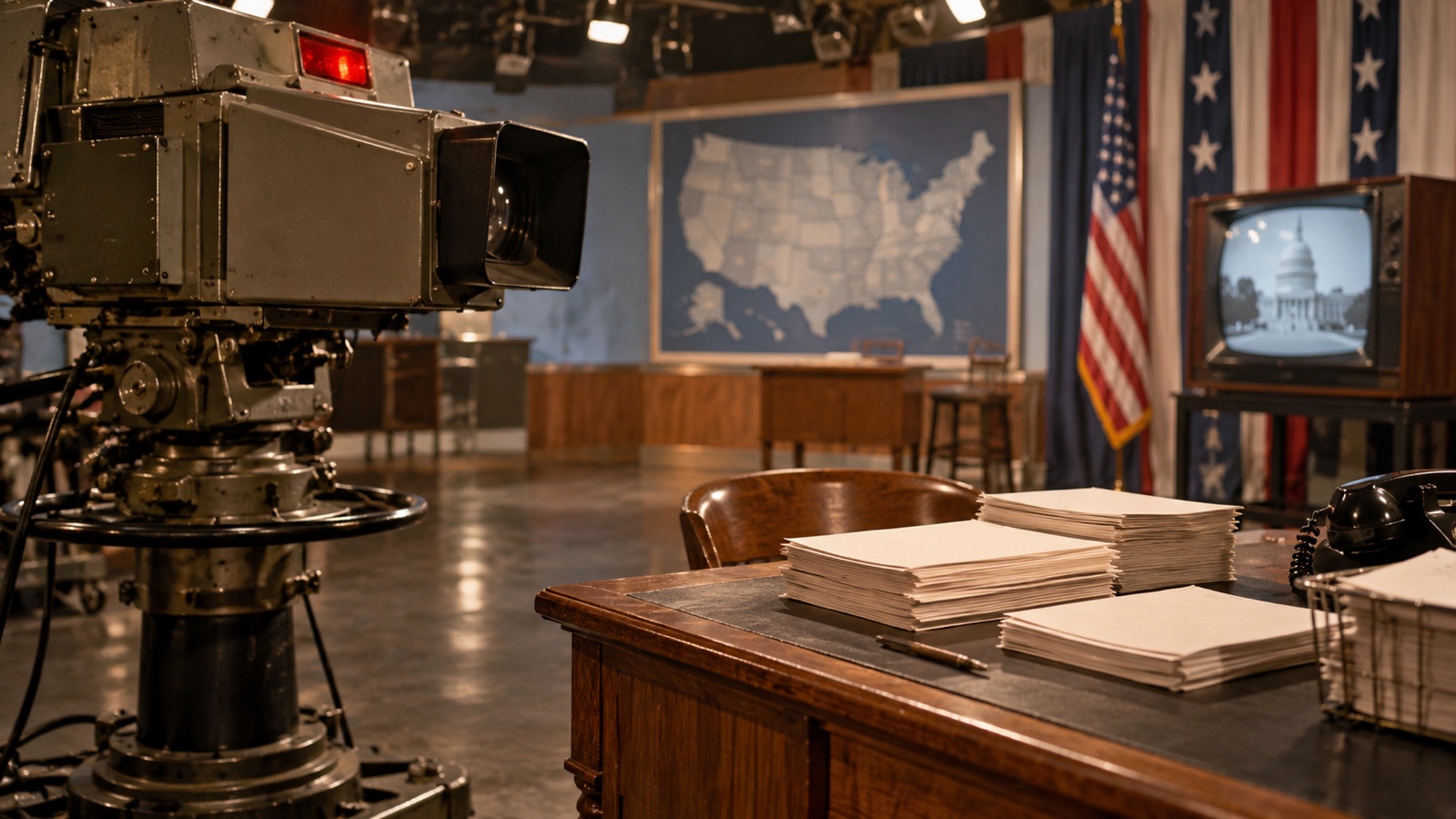 Vintage television camera and unmarked election papers in a 1960 studio