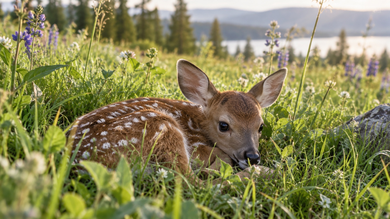 Young fawn resting camouflaged in spring meadow grass
