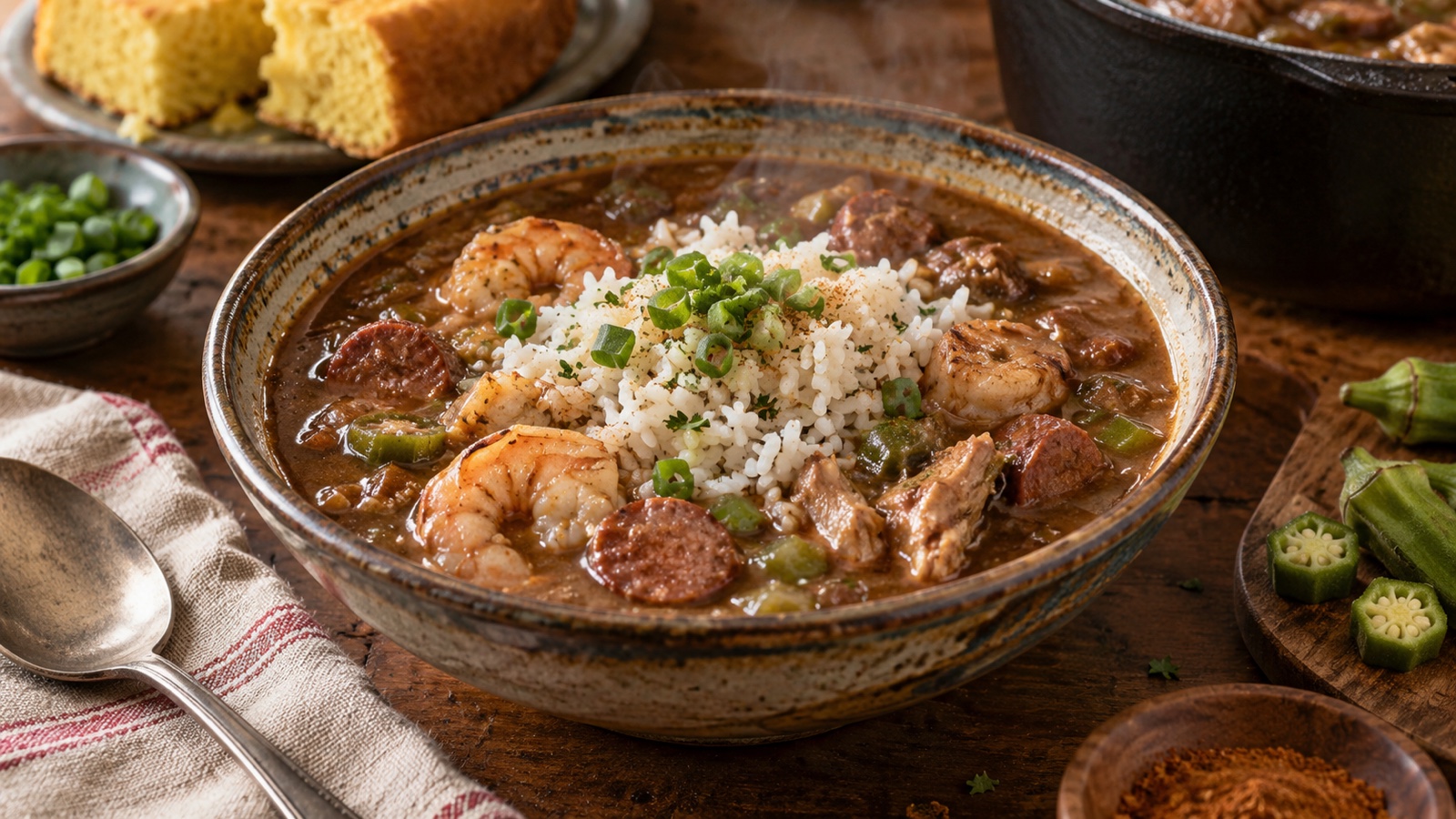 A steaming bowl of Louisiana gumbo with rice on a rustic table