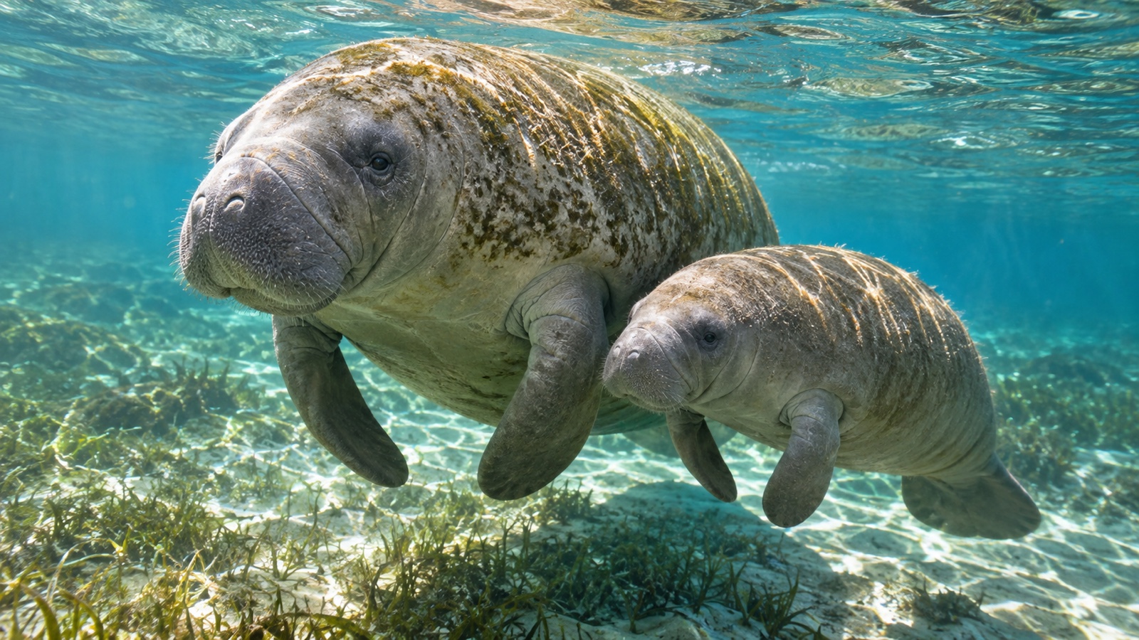 Adult manatee swimming alongside a calf in clear coastal water