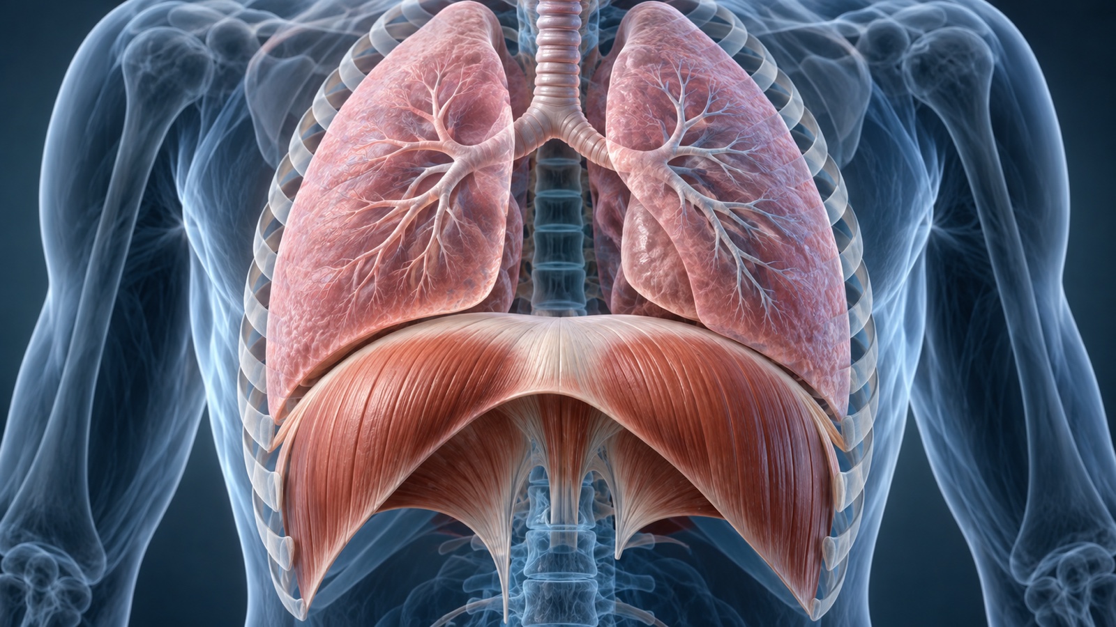 Anatomical illustration of diaphragm beneath lungs demonstrating breathing mechanics