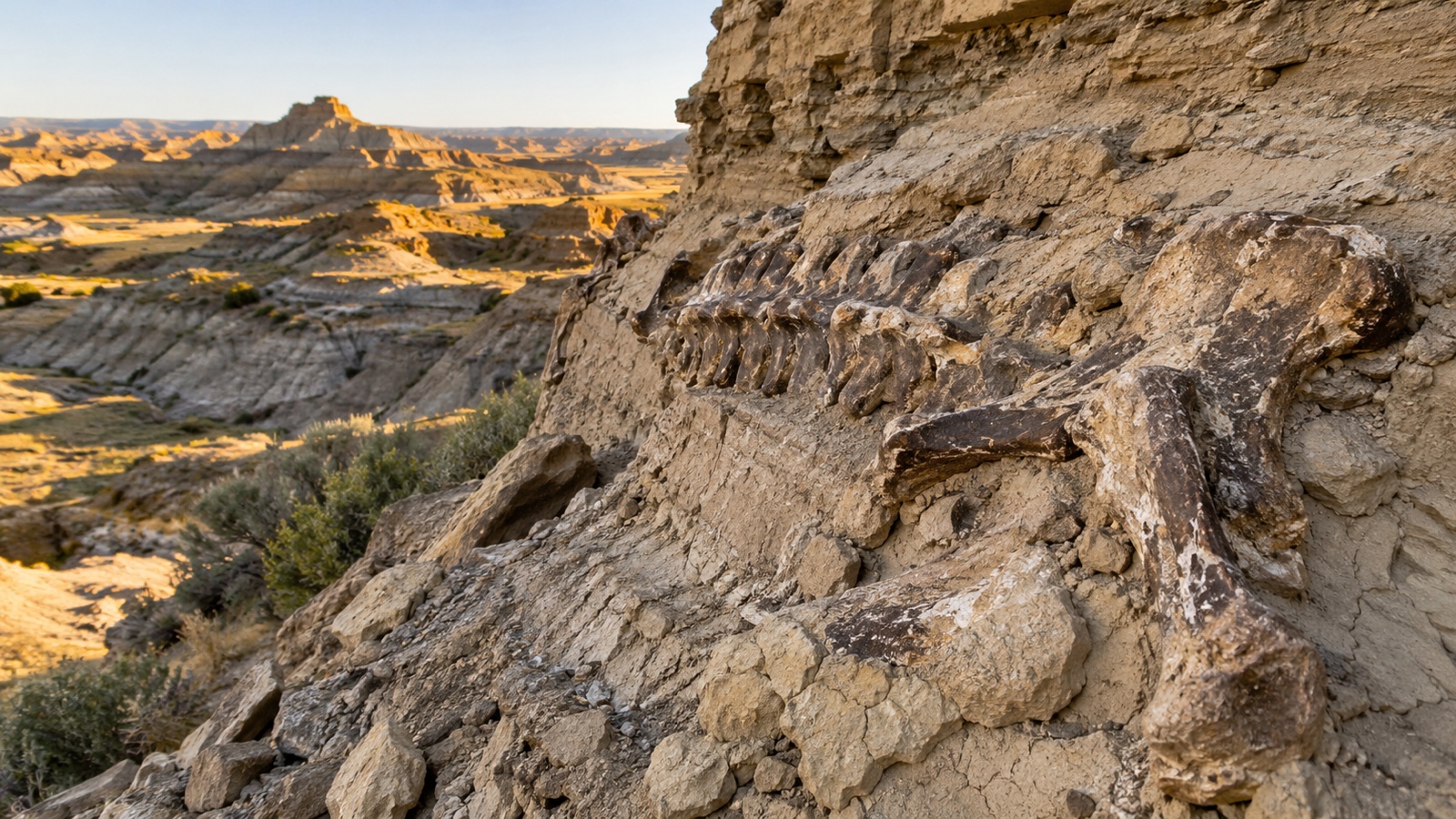 Ancient fossil bones embedded in a South Dakota badlands rock face