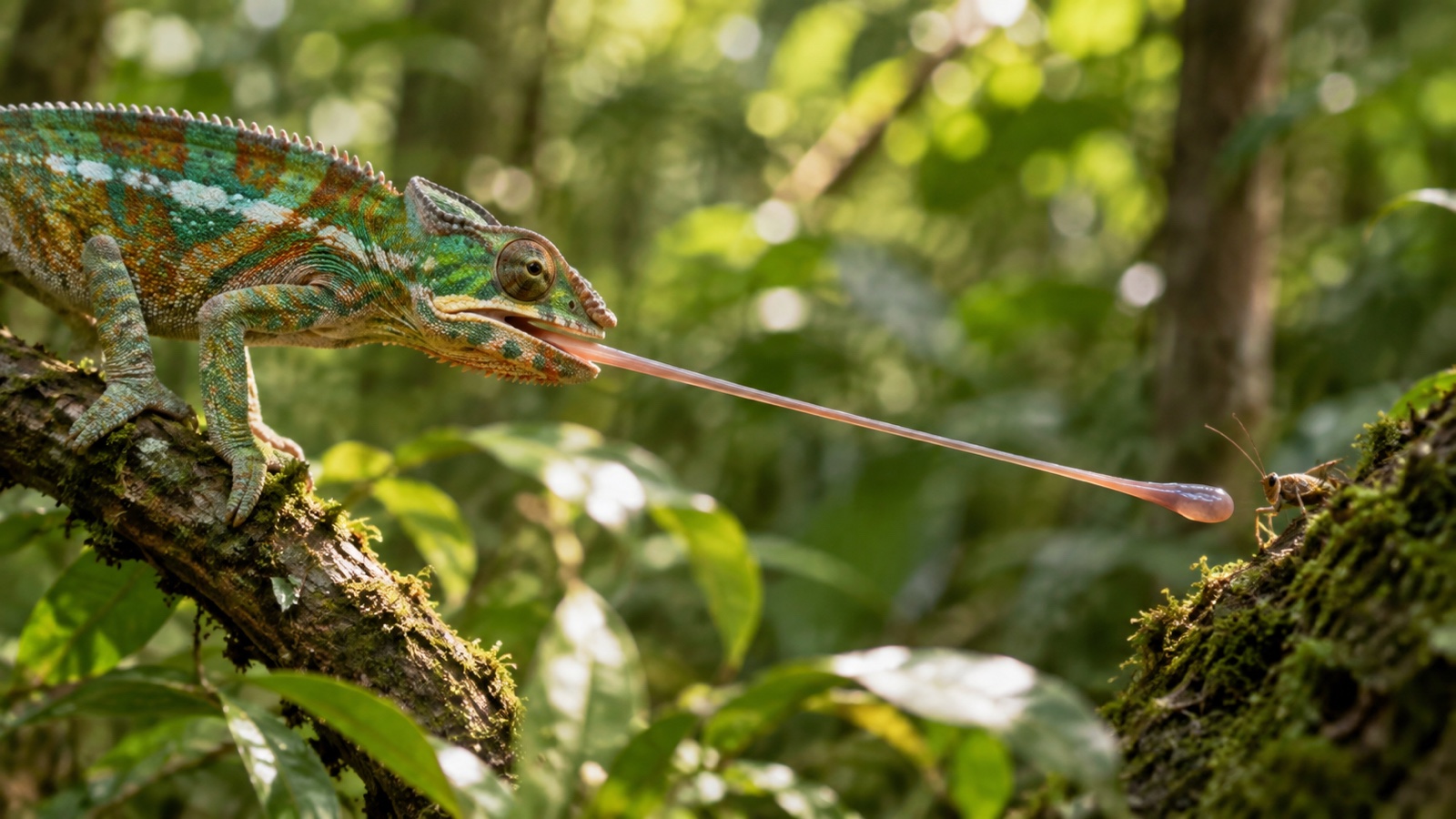 Chameleon tongue extended toward a small insect in one forest scene