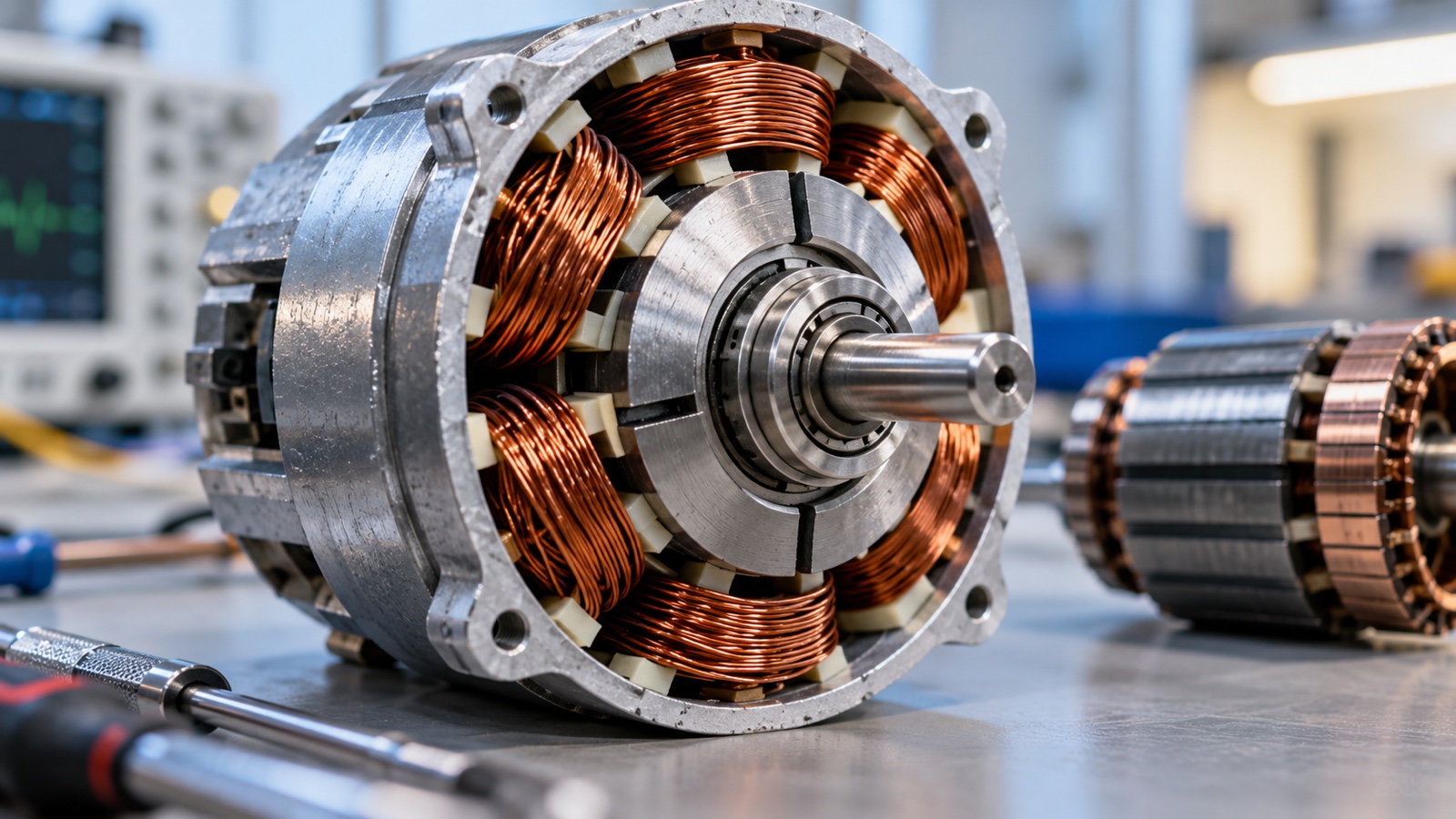 Close laboratory view of small electric motor and its copper windings