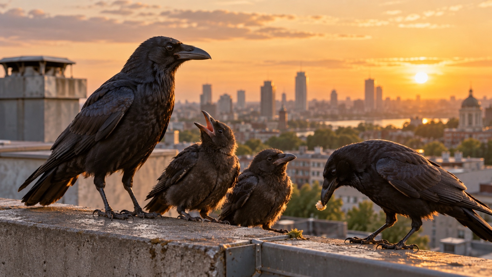 Crow family on a quiet city rooftop at golden hour