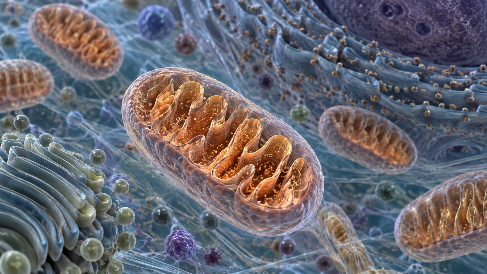Detailed scientific visualization of mitochondria within cellular cytoplasm