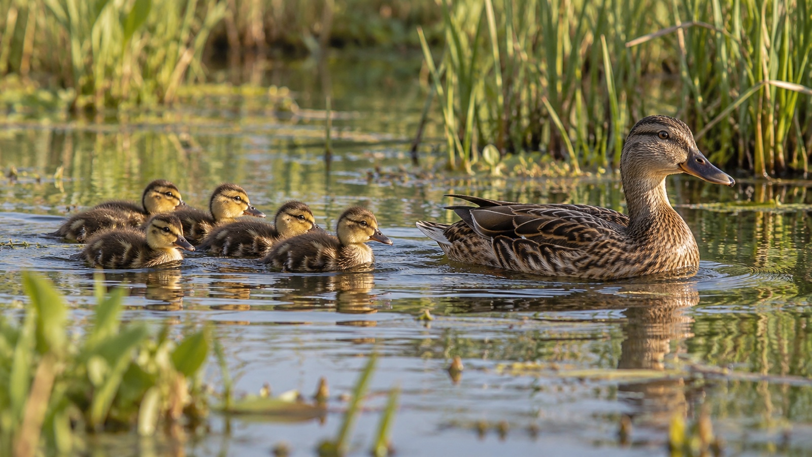 Ducklings following a female duck through a calm marsh channel