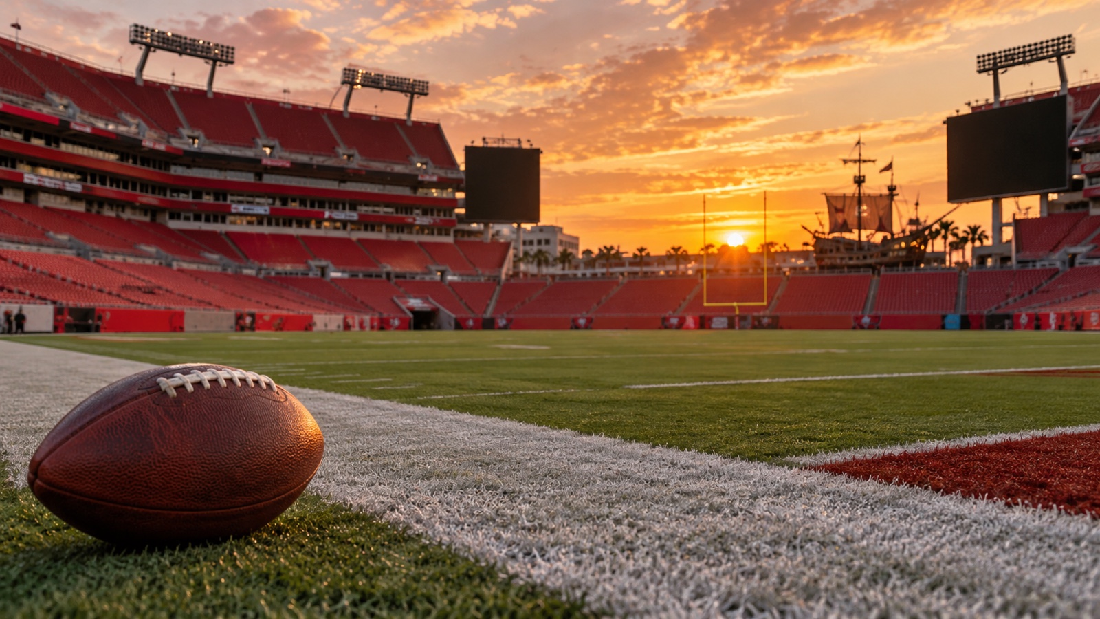 Empty Tampa Bay football stadium at sunset with football near sideline