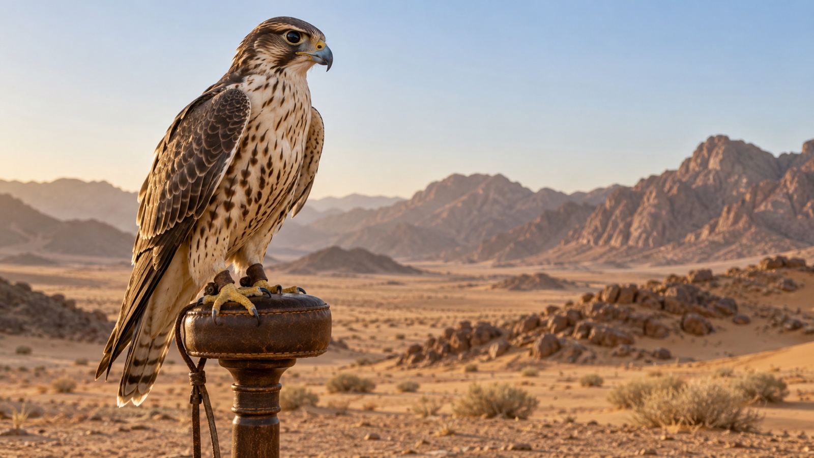Falcon perched on an unmarked leather stand against desert backdrop