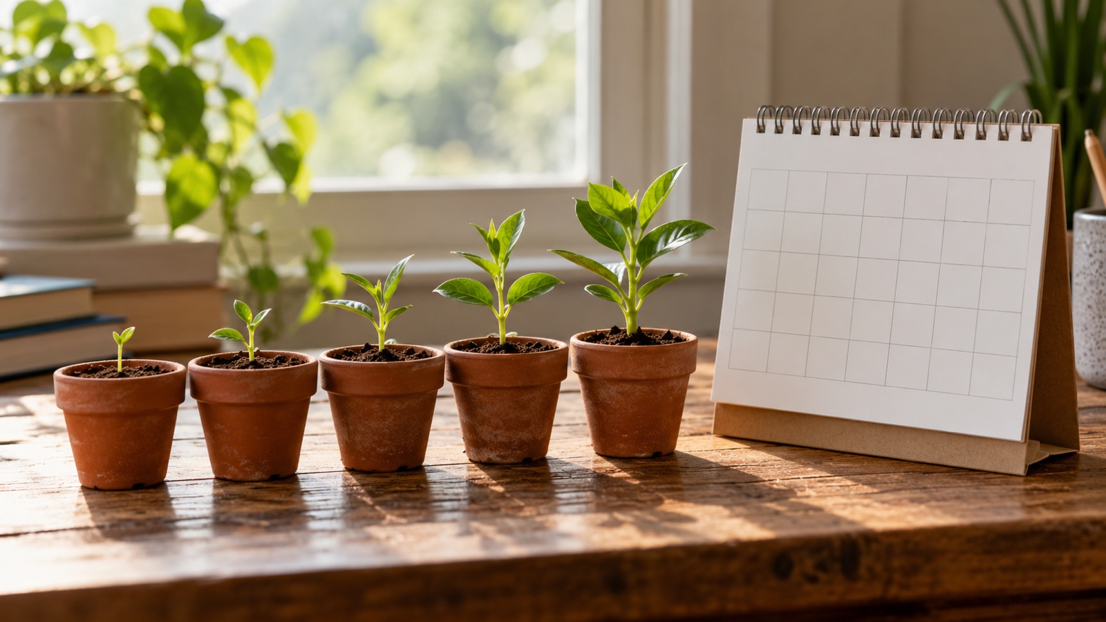 A neat row of small potted seedlings beside an unmarked calendar suggesting gradual habit growth
