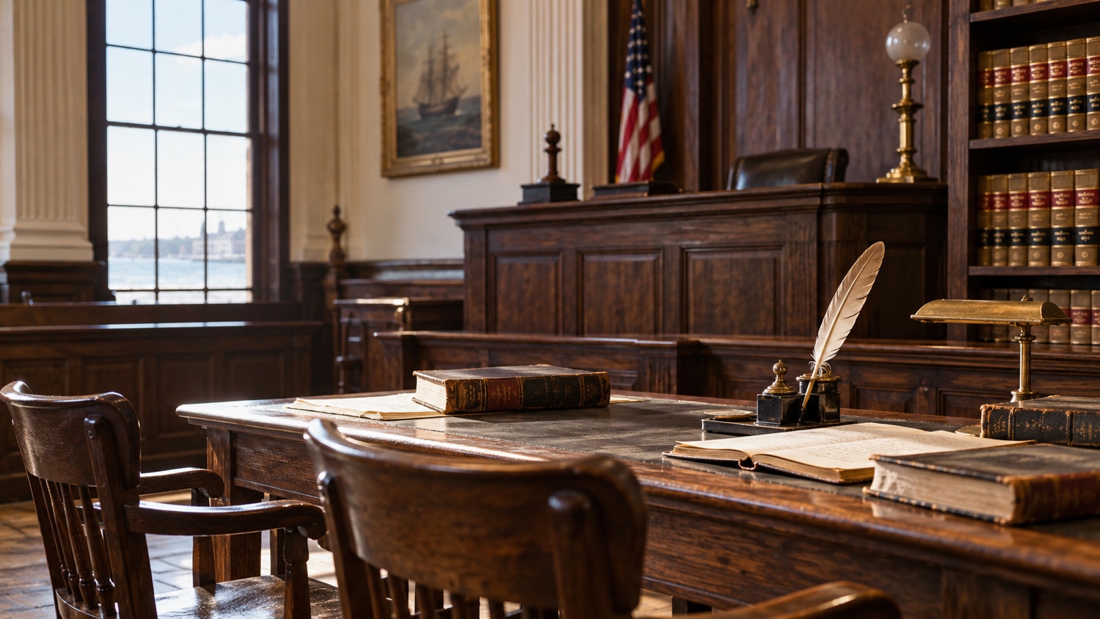 Historic courtroom interior with law books and empty counsel table evoking the Amistad case