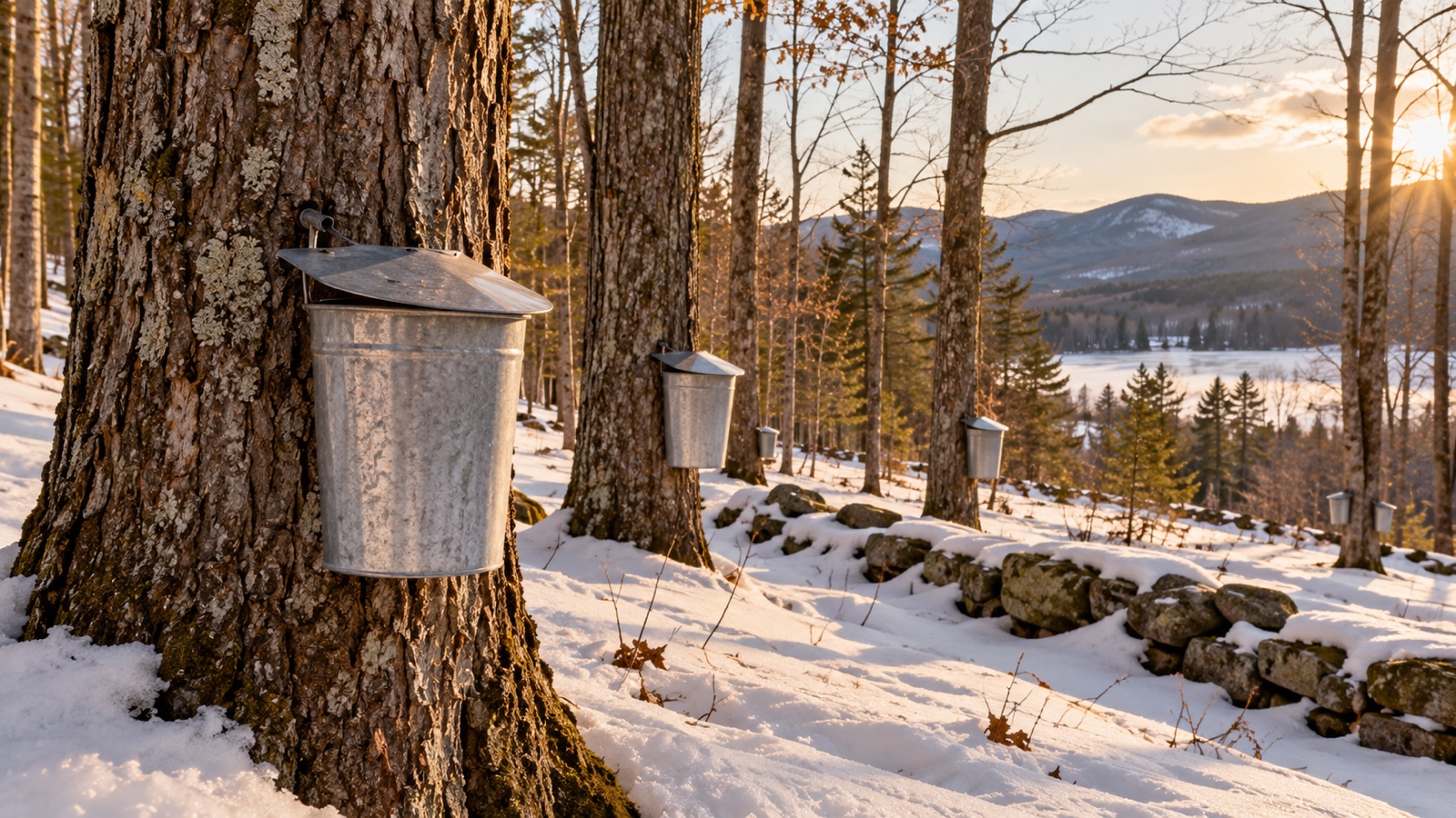 Maple sap buckets on sugar maple trees in a snowy New Hampshire woodland
