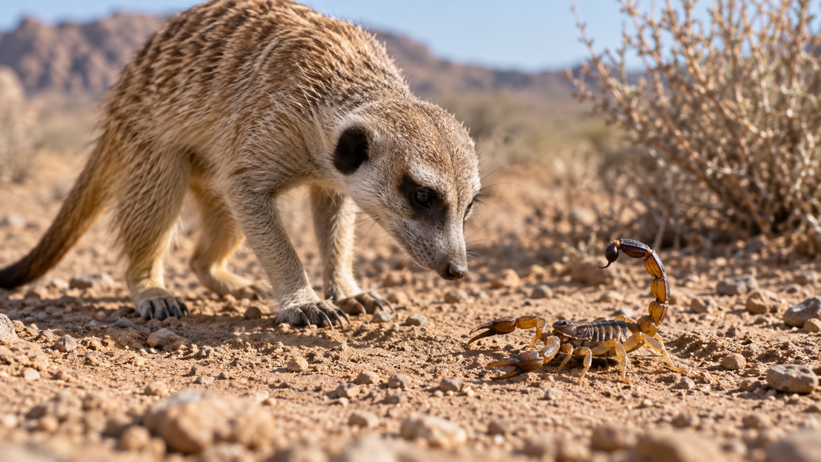 Meerkat carefully investigating a scorpion on dry desert ground