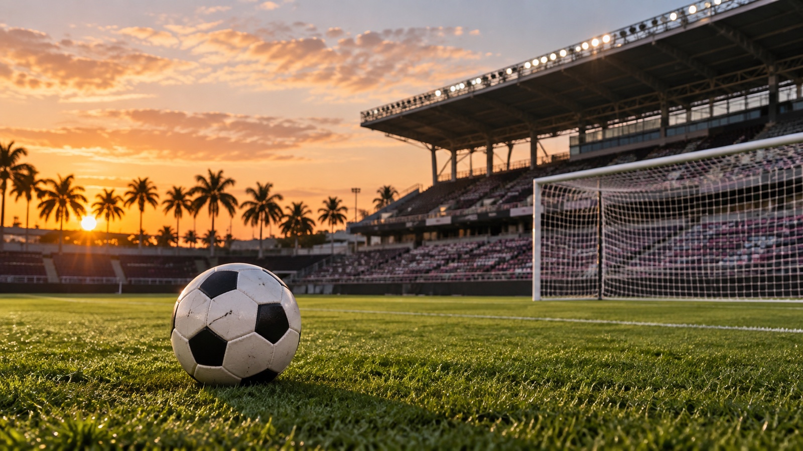 Round soccer ball on the grass in a palm-lined Miami stadium at sunset
