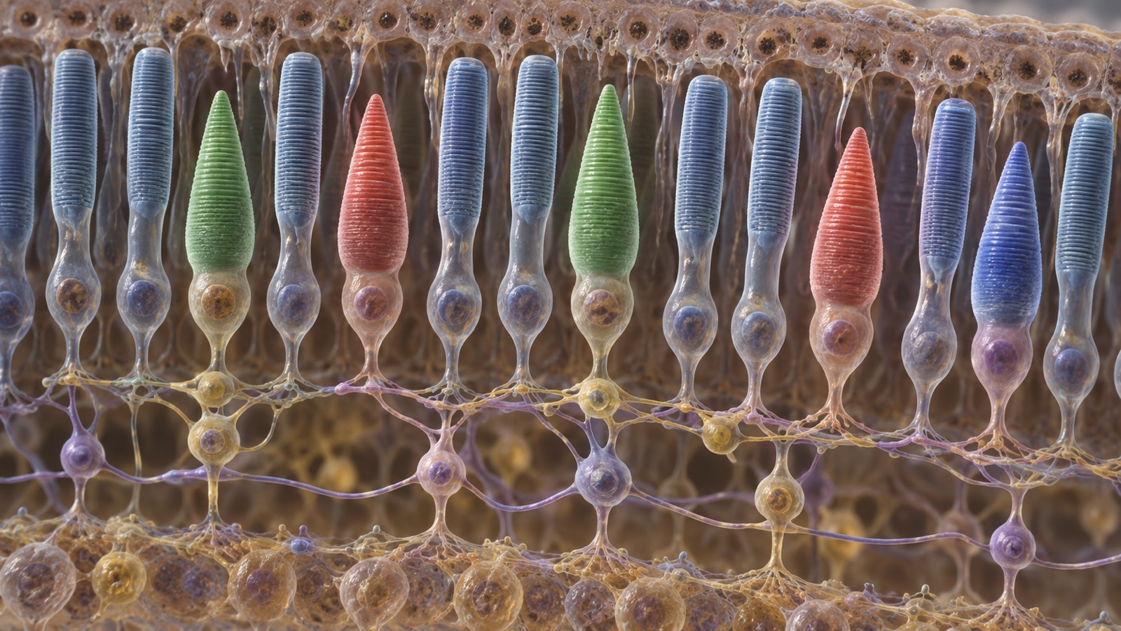 Microscopic illustration of rods and cones in retinal tissue without labels