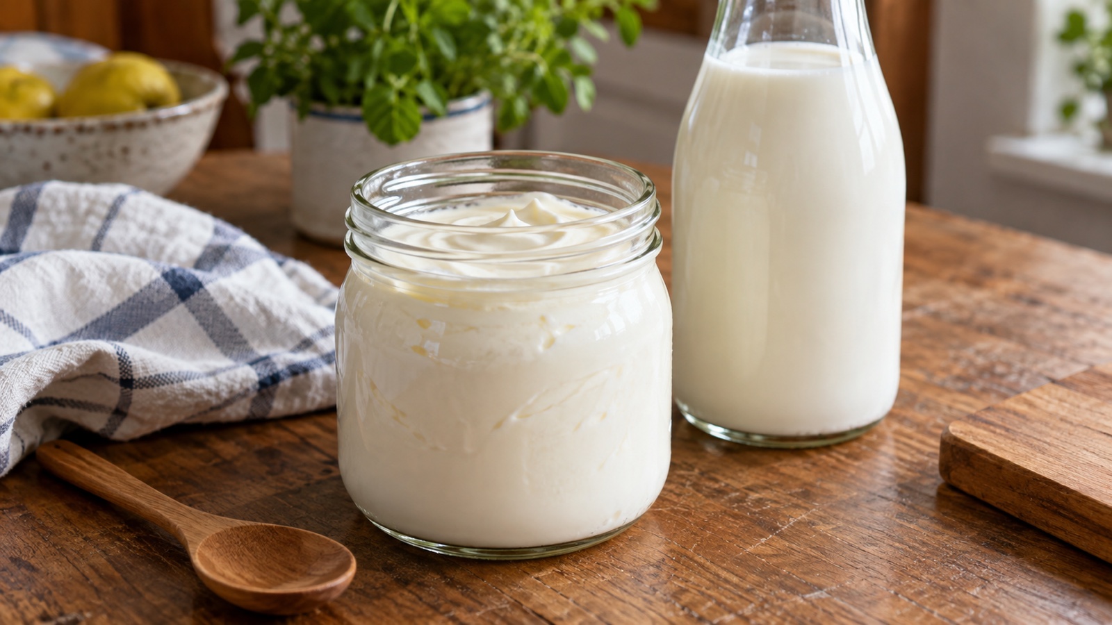 Plain homemade yogurt in a glass jar beside a bottle of milk