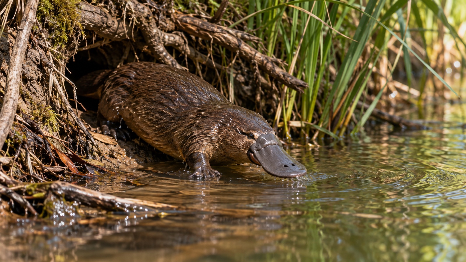 Platypus emerging beside riverbank burrow among roots and reeds