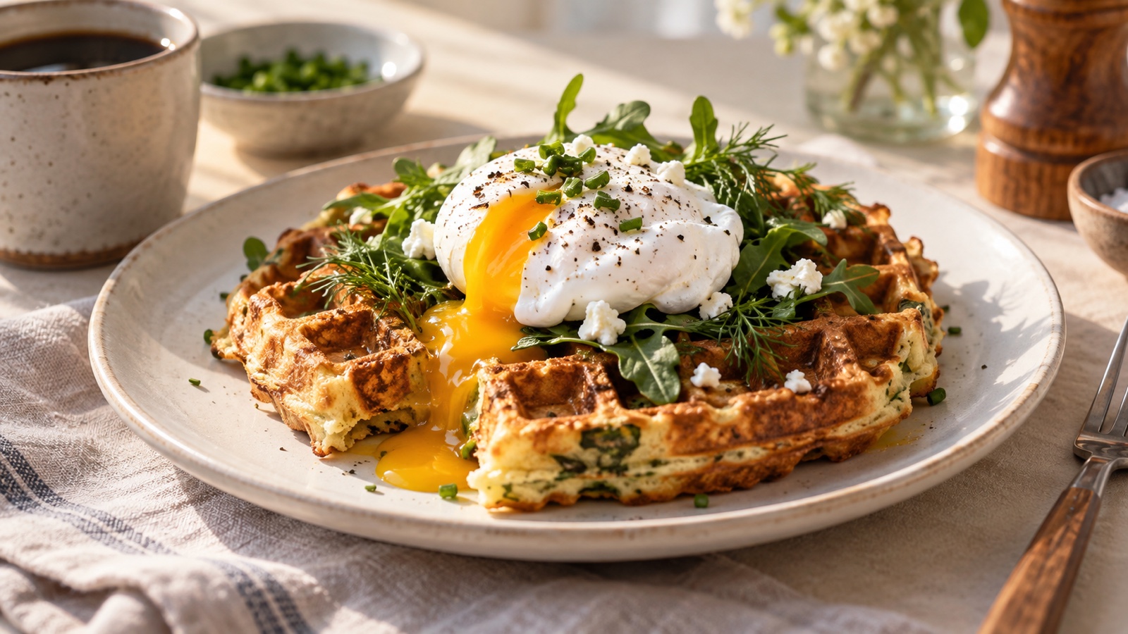 Savory waffle with herbs and poached egg on a simple breakfast table