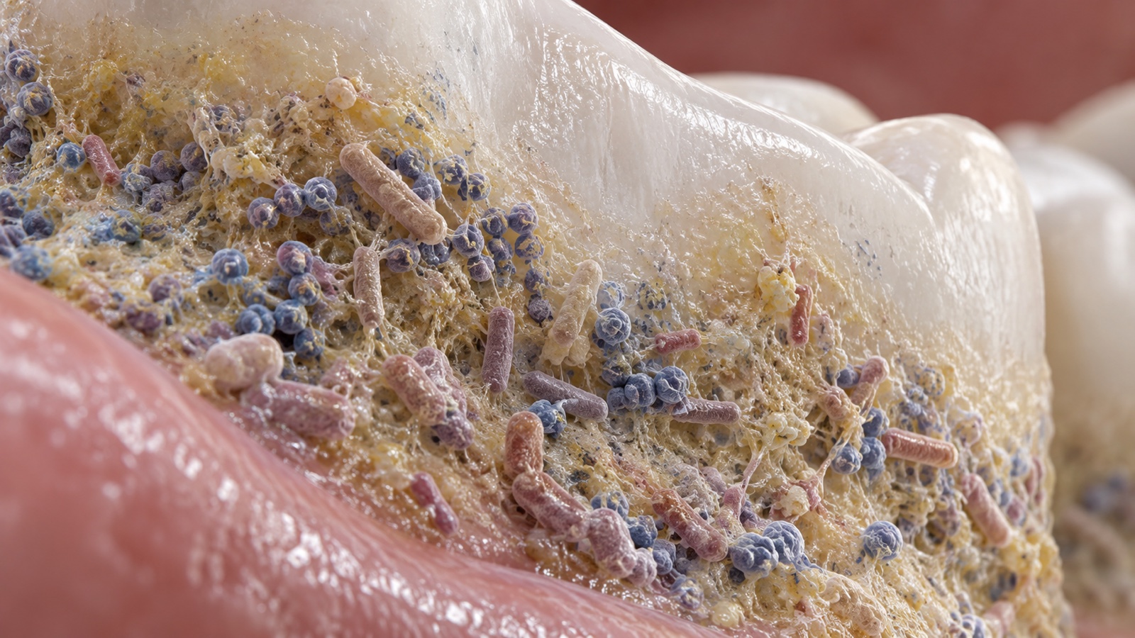 Scientific micro visualization of dental plaque biofilm on a tooth surface