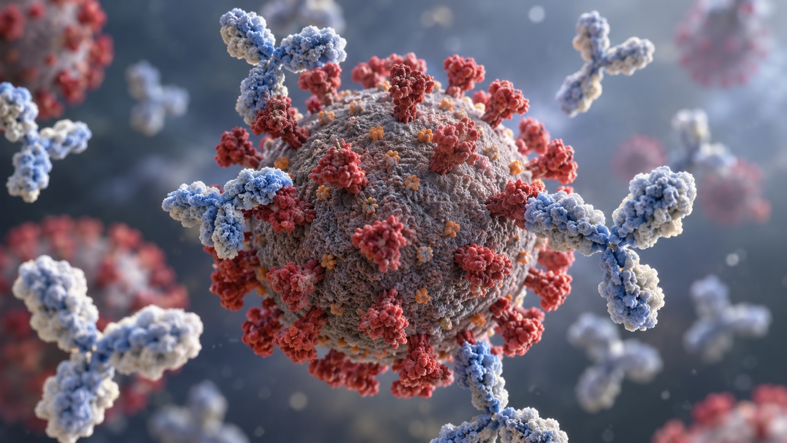 Scientific rendering of antibody proteins binding to a viral particle