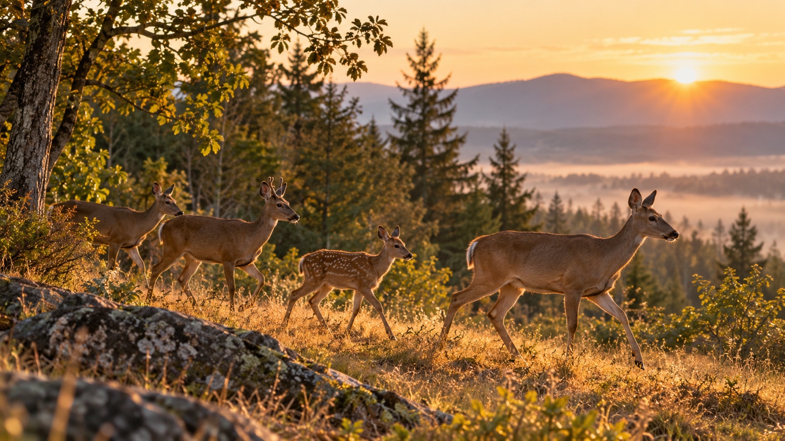 Small deer herd crossing an open forest edge at sunrise