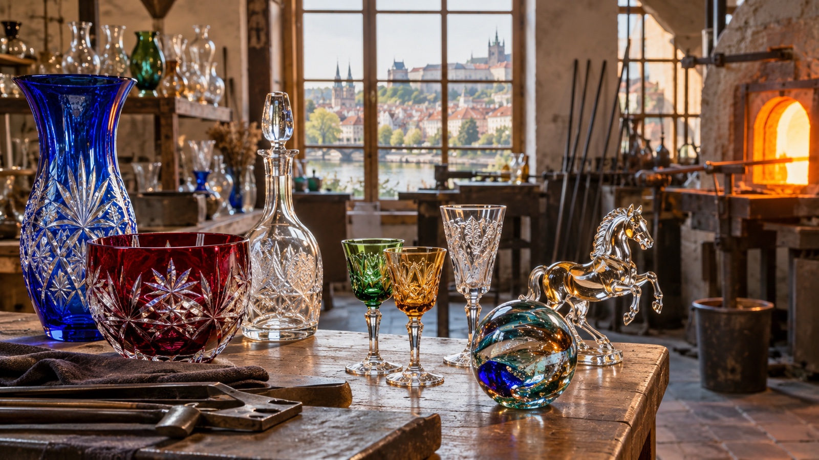 Traditional Czech glassware displayed in an artisan workshop, no people