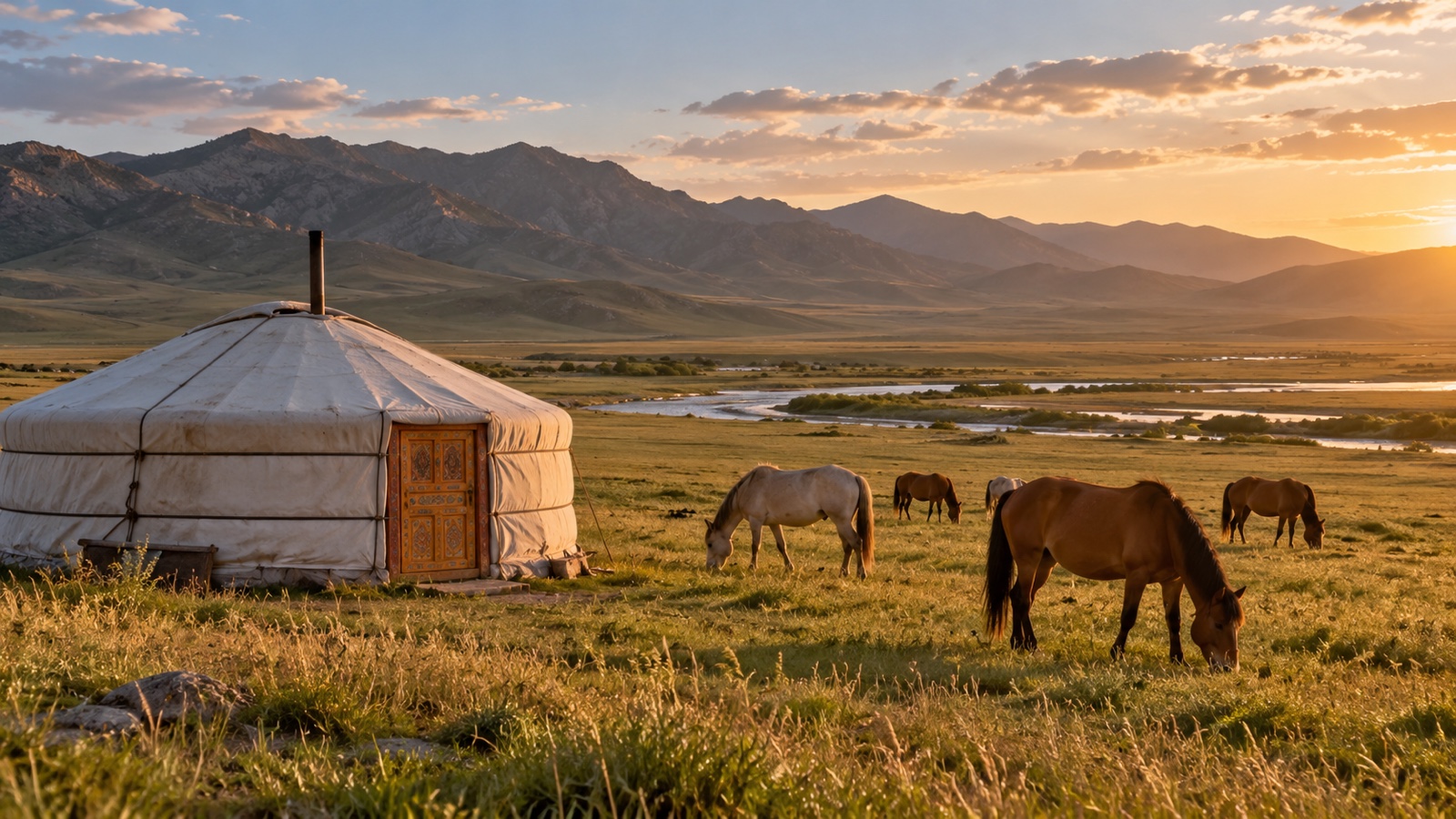 Traditional Mongolian ger on open grassland with grazing horses