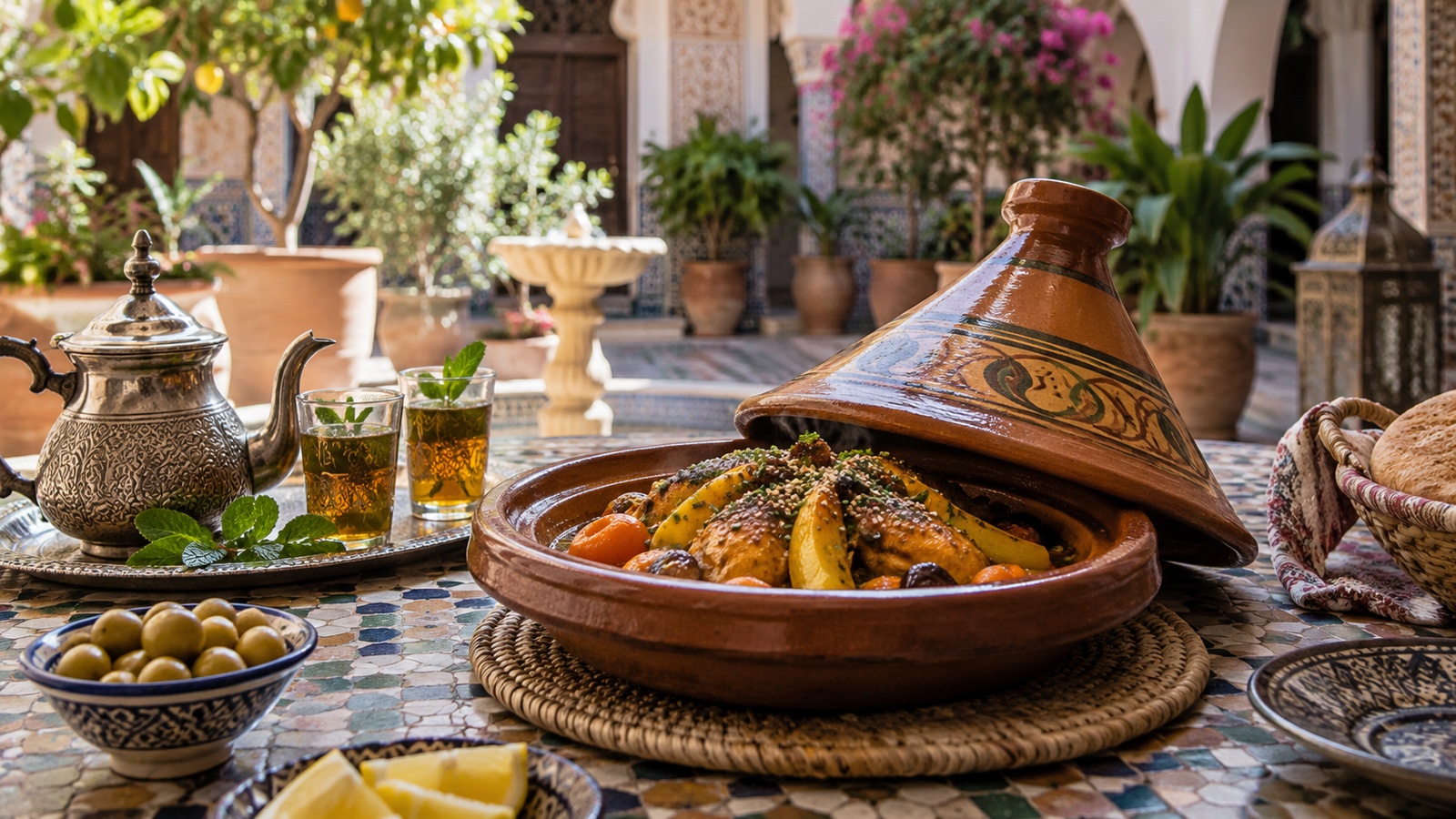 Traditional tagine in a clay vessel with mint tea on a Moroccan courtyard table