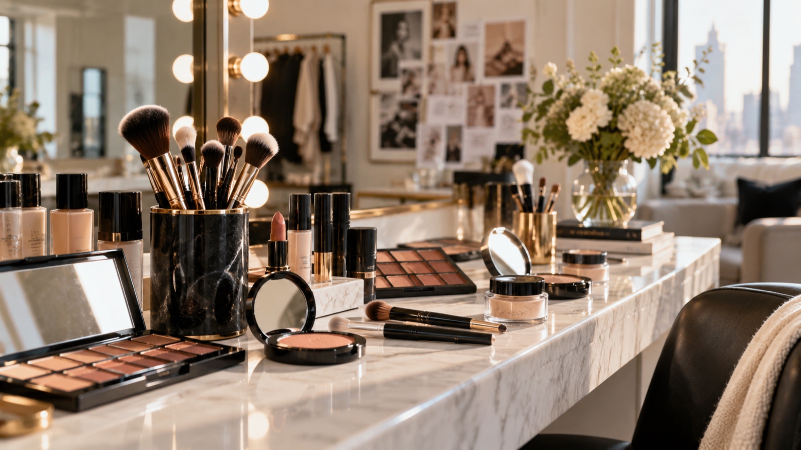 Unbranded makeup shades and brushes arranged in a modern beauty studio