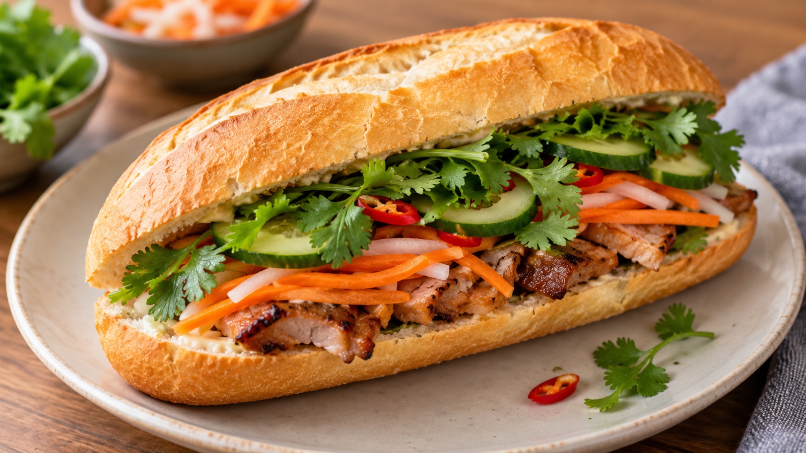 Vietnamese banh mi sandwich on a plain plate with fresh herbs
