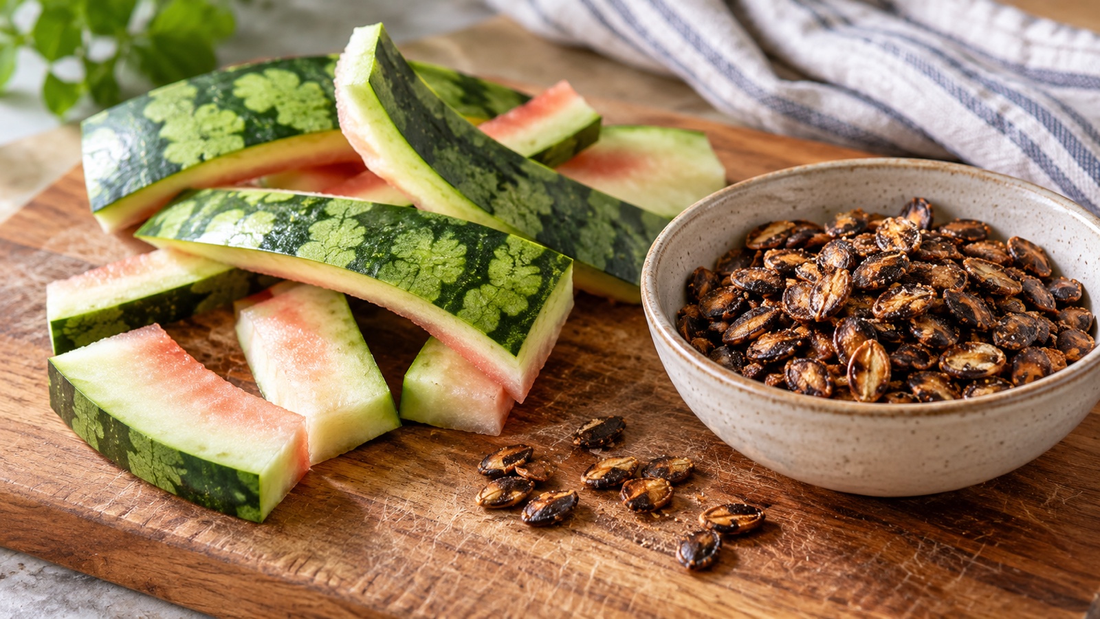 Watermelon rind and toasted seeds prepared on a simple kitchen board
