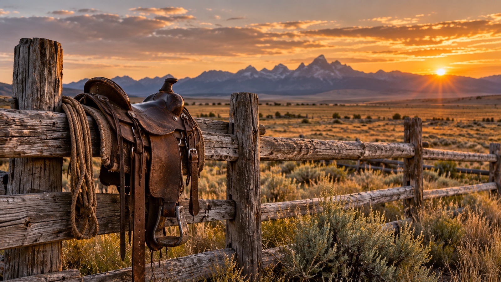 Weathered ranch fence and cowboy saddle on an empty Wyoming prairie at sunset