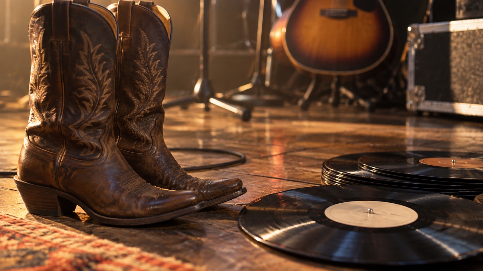 Western-inspired performance boots and unbranded vinyl records on stage floor
