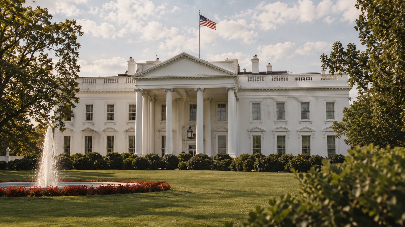 White House exterior during the 1960s with American flag, no people